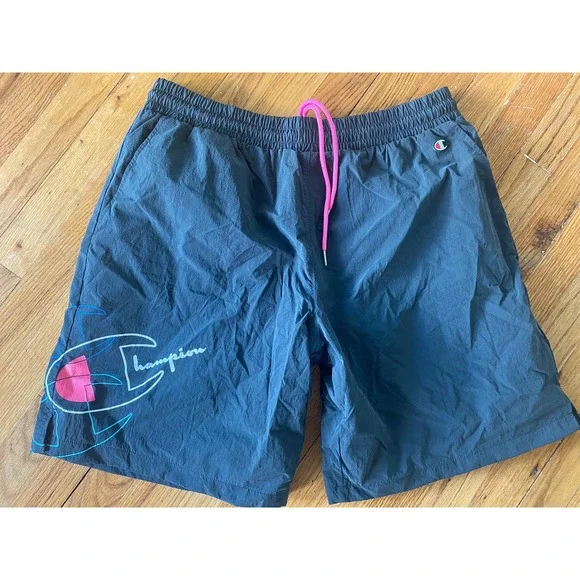 Champion Black Crinkle Nylon Shorts Big Logo Mens Size XL Windbreaker Short Neon Shorts